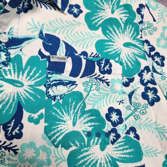 Columbia PFG Shirt Mens Large Floral Hawaiian Fishing Vented Short Sleeve Blue - Picture 8 of 15